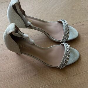 BHLDN Crystal-Embellished Glitter Open-Toe Heels in Champagne Gold Silver